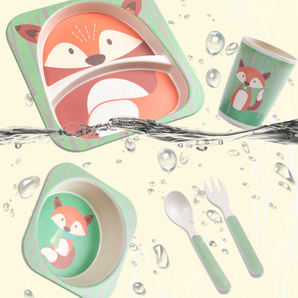 MD - 5 PCS Feeding Set Bamboo Set | Alat Makan Anak Karakter Lucu | Perlengkapan Makan Anak Bayi 5in1 MPASI