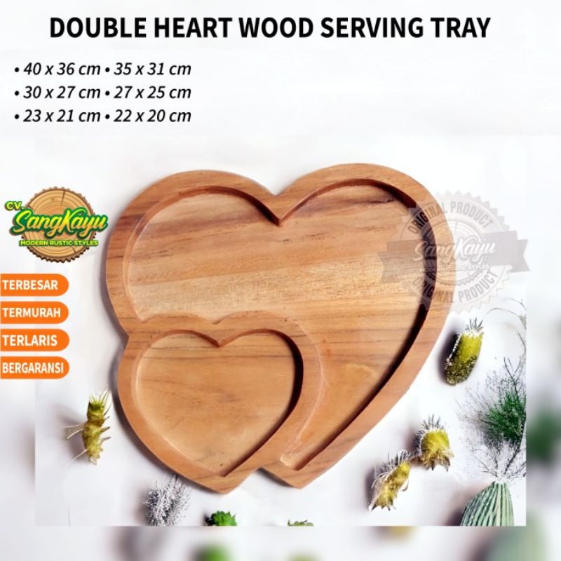 Wooden serving tray / plate double heart nampan piring saji kayu unik