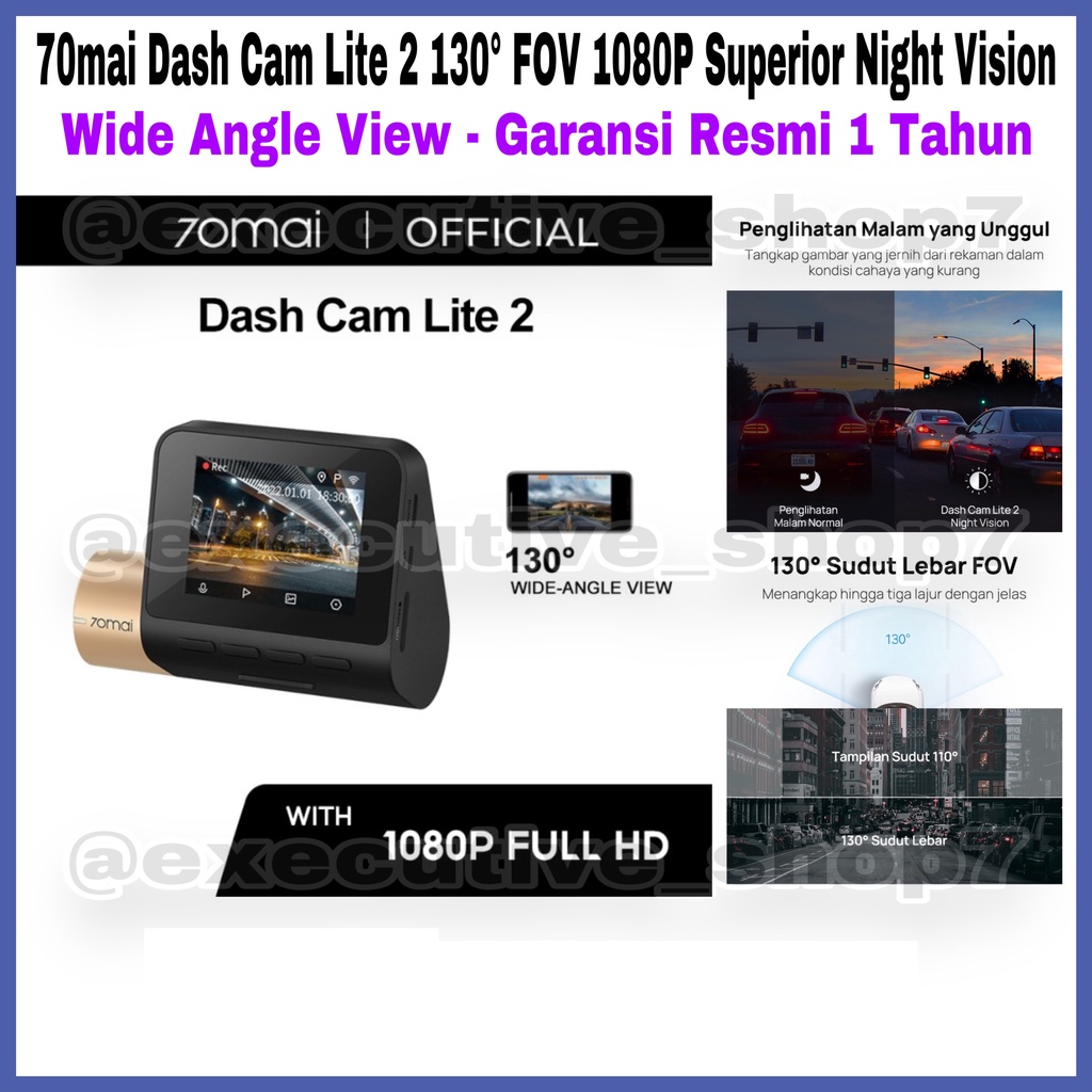 70mai Dash Cam Lite 2 130° FOV 1080P Superior Night Vision - Wide Angle View - Garansi Resmi 1 Tahun