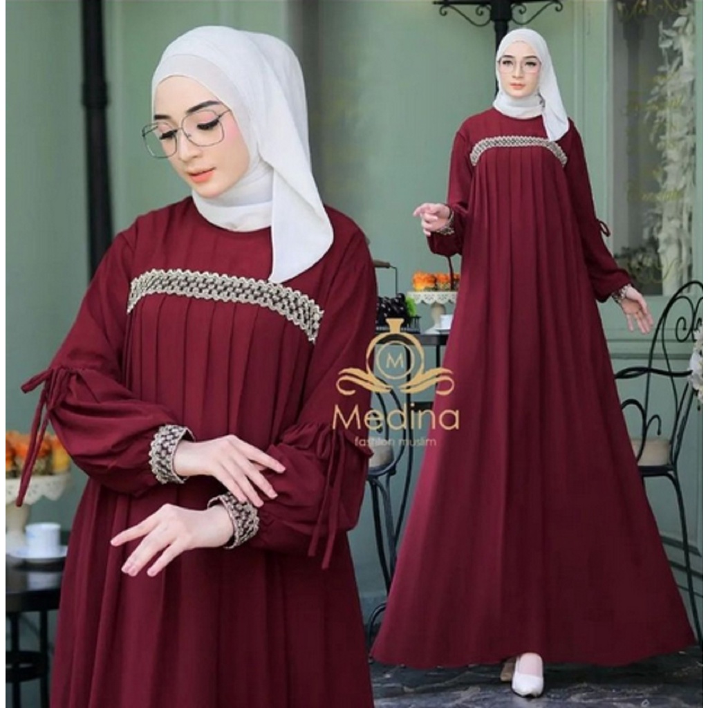 Gamis medina renda kringkel airflow terbaru dan terlaris medina dress resleting belakang