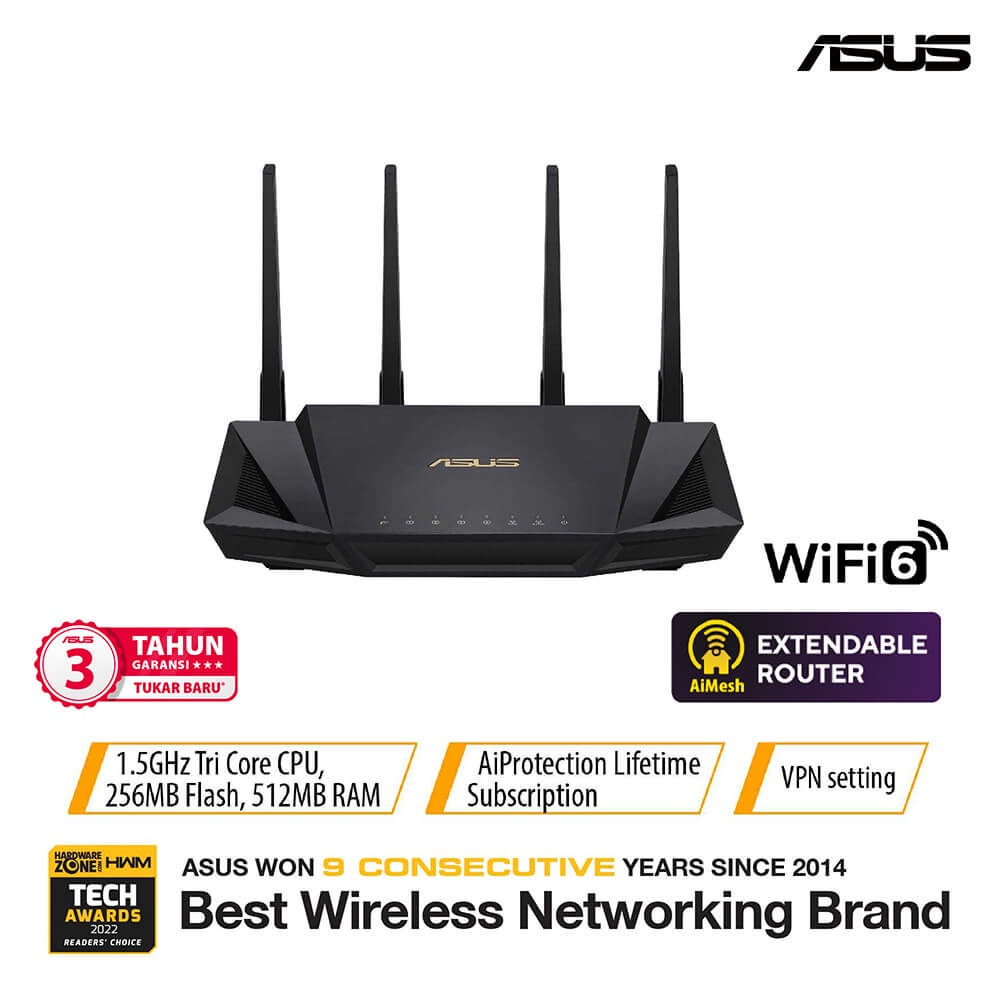 Router ASUS RT-AX3000 Dual Band WiFi 6 with AiMesh (90IG04Q0-MFAR20)