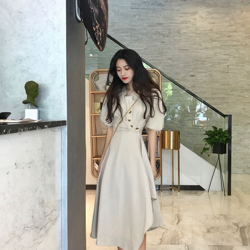 Gaun musim panas gaya baru penutup temperamen penutup perut teh istirahat rok wanita pengurangan usia gaun tidak teratur