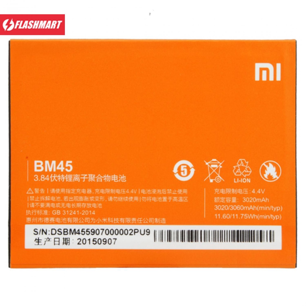 Flashmart Baterai Xiaomi Redmi Note 2 3020mAh - BM45 (Replika 1:1)