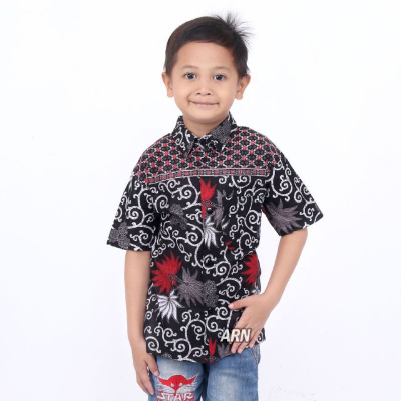 batik anak lengan pendek-kemeja batik anak motif daun jati