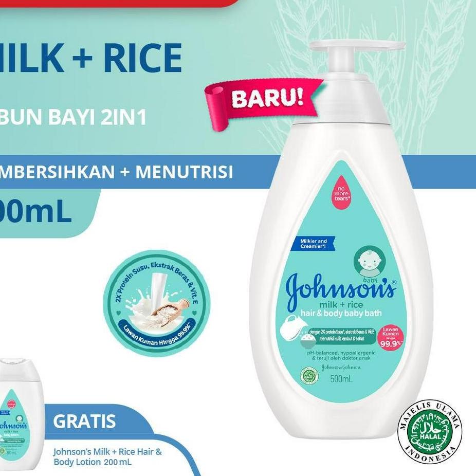 ✤ JOHNSON'S Milk + Rice Hair & Body Baby Bath 500ml FREE Milk + Rice Baby Lotion 200ml ➱