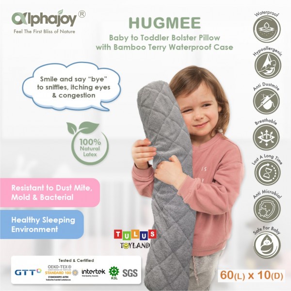 Guling bayi Anak Waterproof Alphajoy HUGMEE Baby Toddler Bolster 60 x 10 Natural Latex Pillow bantal peluk balita sarung Bamboo Terry anti ompol lembut