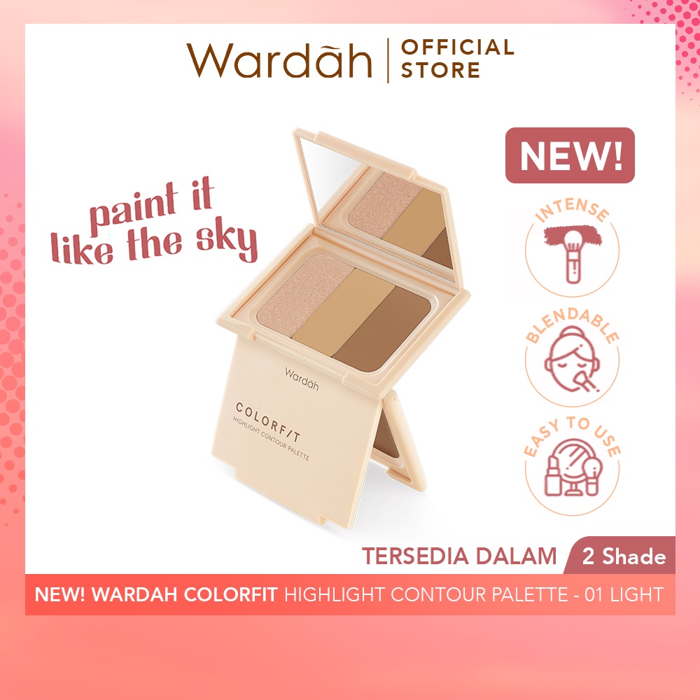 WARDAH Colorfit Highlight Contour Palette Indonesia / 3 IN 1 Highlighter Contur Concealer / Intense Blendable / Creamy Shimmer Natural Pigmented Look Savvy Soft Focus Halus Palet / 01 Light 02 Medium / Cosmetic Makeup Face Eye Makeup / Eyeshadow Series