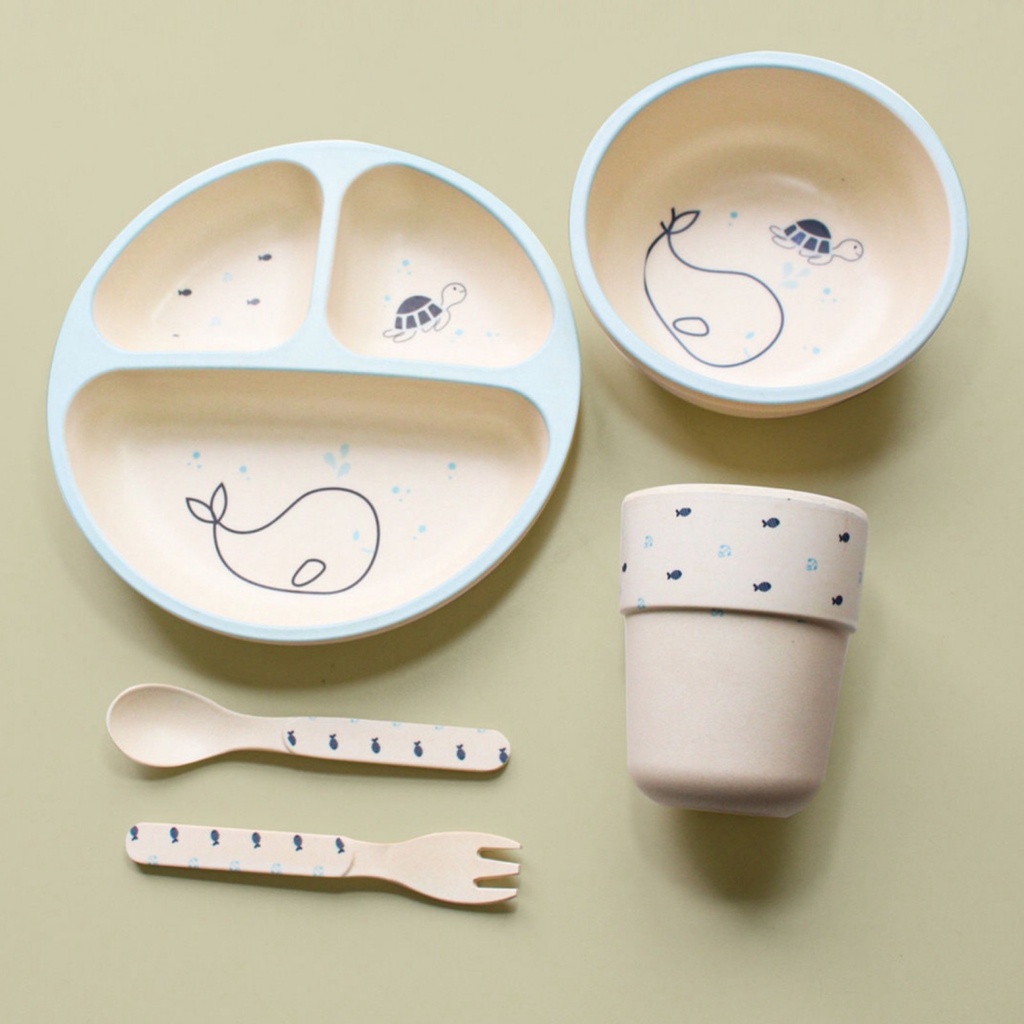 MD - 05 PCS Feeding Set Bamboo Set White Premium | Alat Makan Anak Karakter Lucu | Perlengkapan Makan Anak Bayi 5in1 MPASI