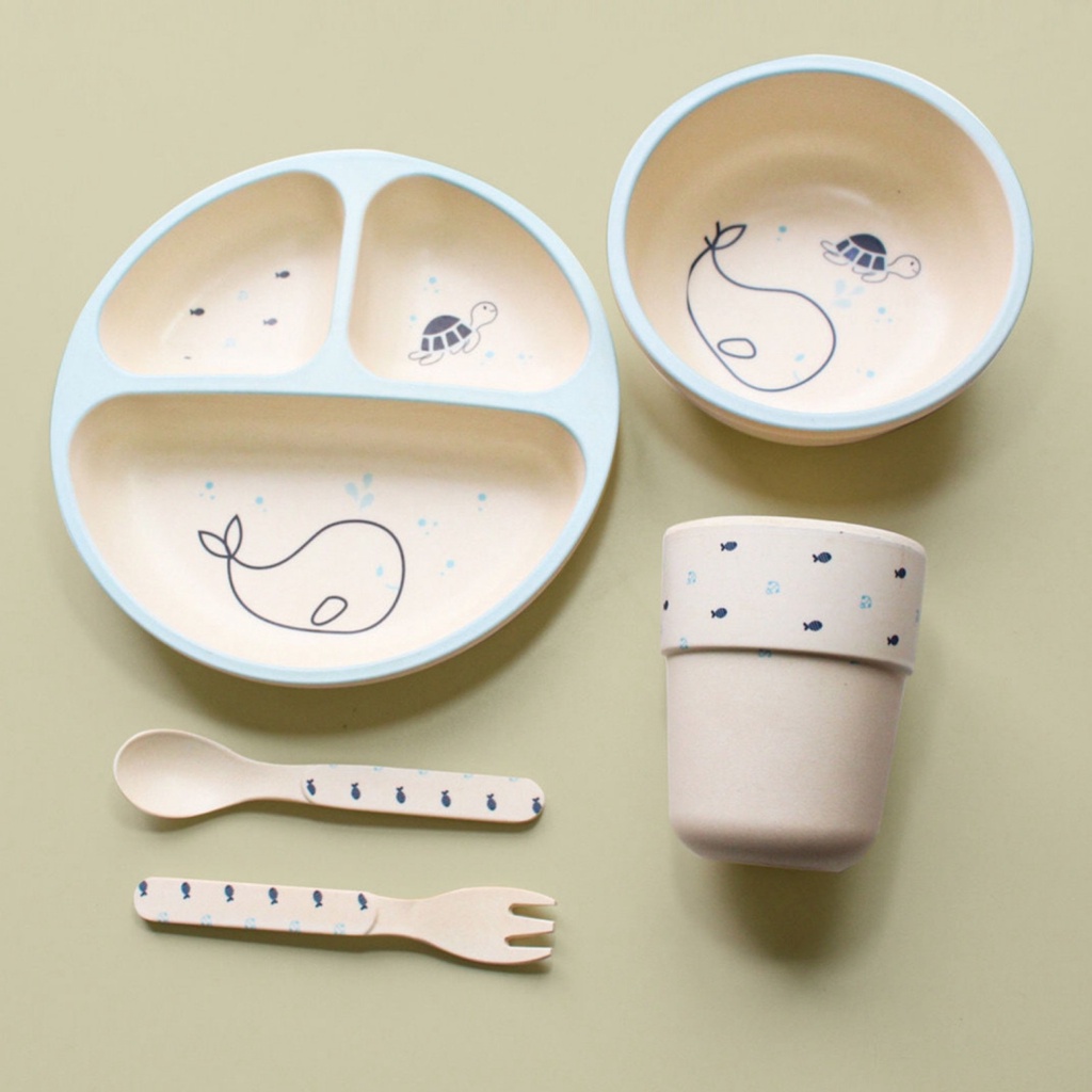 T24 - 05 PCS Feeding Set Bamboo Set White Premium | Alat Makan Anak Karakter Lucu | Perlengkapan Makan Anak Bayi 5in1 MPASI