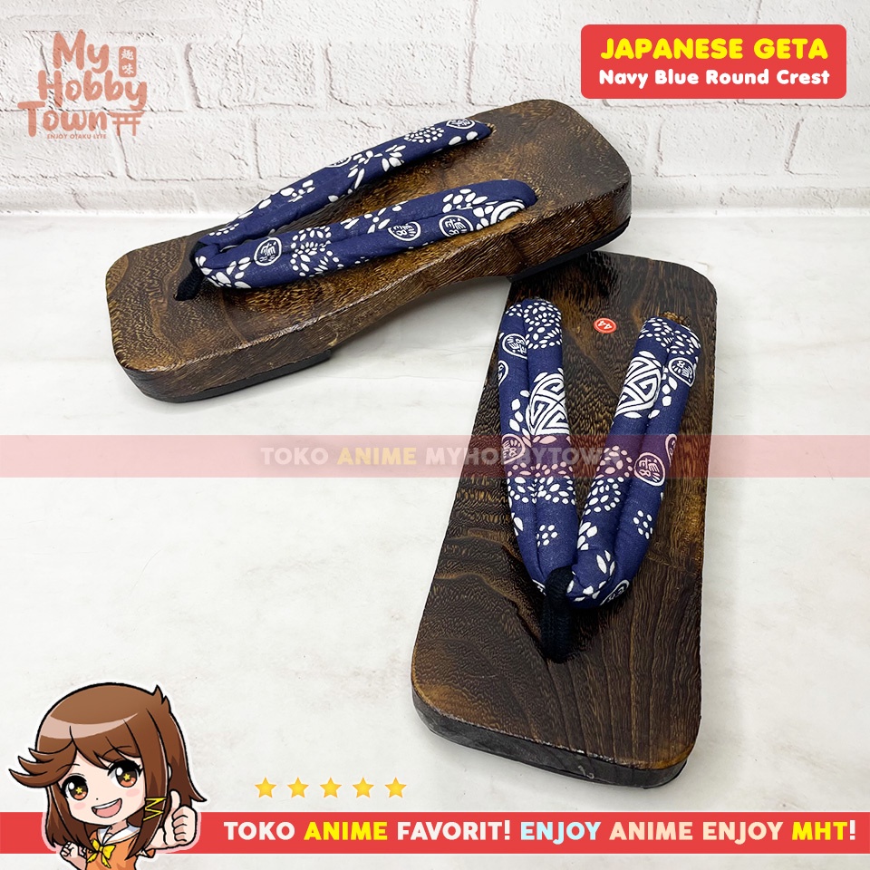 Geta Sandal Kayu Bakiak Jepang : Navy Blue Round Crest Bakiak Sandal Kayu