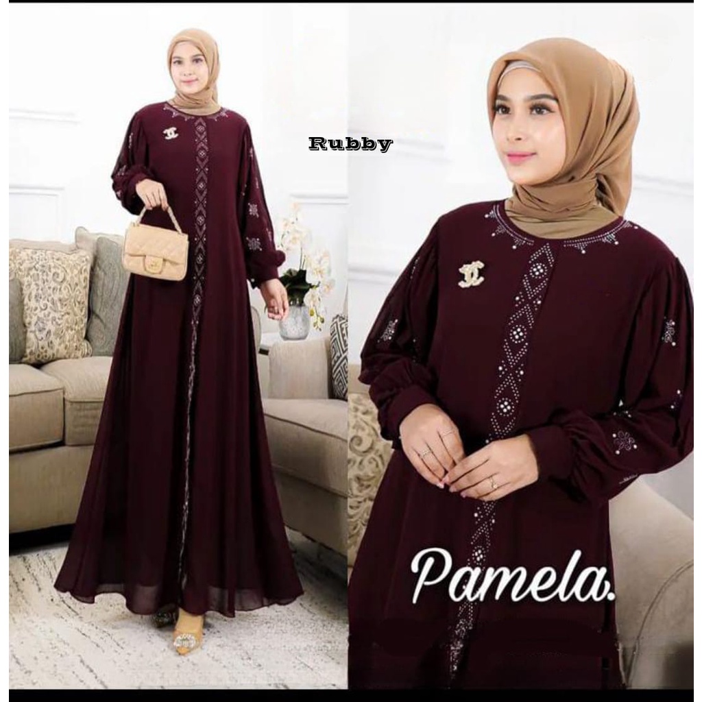 Pamela Dress Wanita Fashion Muslim Busui Zipper depan Bahan Ceruty Babydoll Full puring Motif Swaroski Mewah Elegan Kekinian - Baju Pakaian Perempuan Dewasa Jumbo LD 110 Kondangan Baju Lebaran Hari Raya