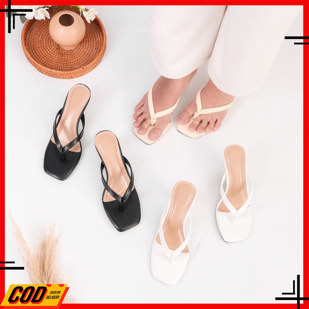 Sandal Hels Hak Tahu Hils Heels Wanita Tinggi 5cm Hitam Putih Sendal High Hells Heels Hak Tahu Heel 