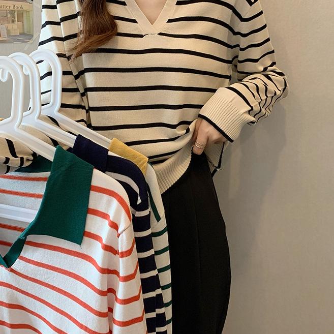 ℮ Knitwear Sweater Crop Rajut Sweater Bergaris Baju Rajut Import Crop Top Lengan Panjang ✵