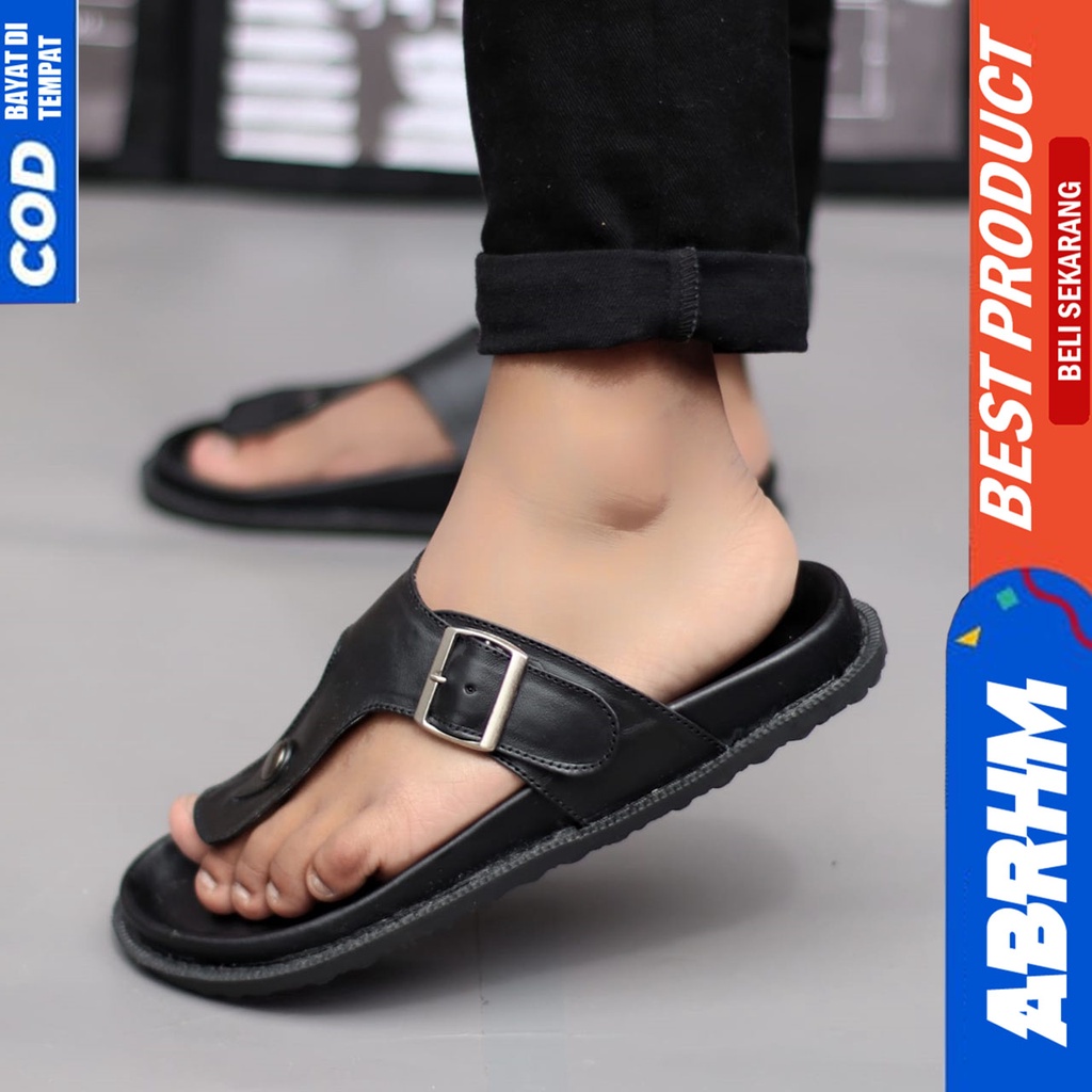 Sepatu Sandal Pria Kulit Asli Sendal Traveling Pria Hitam Abrhm Robin