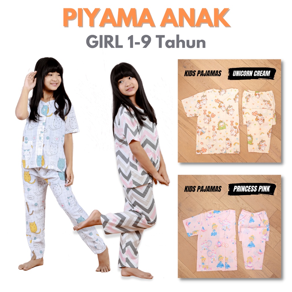 PIYAMA ANAK PEREMPUAN 1-9 TAHUN / BALITA BATITA SD / BAJU TIDUR KATUN GIRL CEWE KARTUN MOTIF LUCU / KIDS PAJAMAS