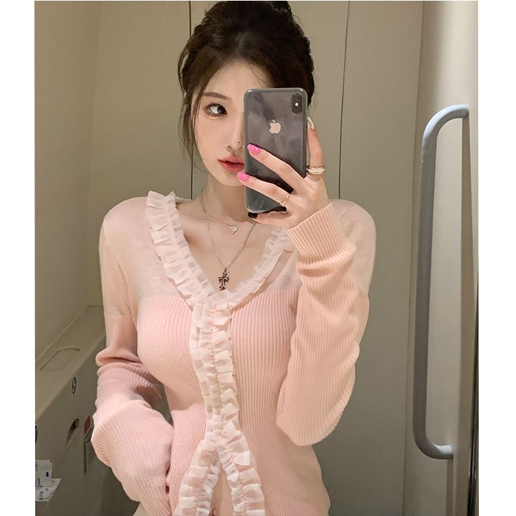 Red Temperamen Prancis merah muda manis lengan panjang sweter v-neck sweater wanita musim gugur dan musim dingin baru keinginan murni atas angin ramping