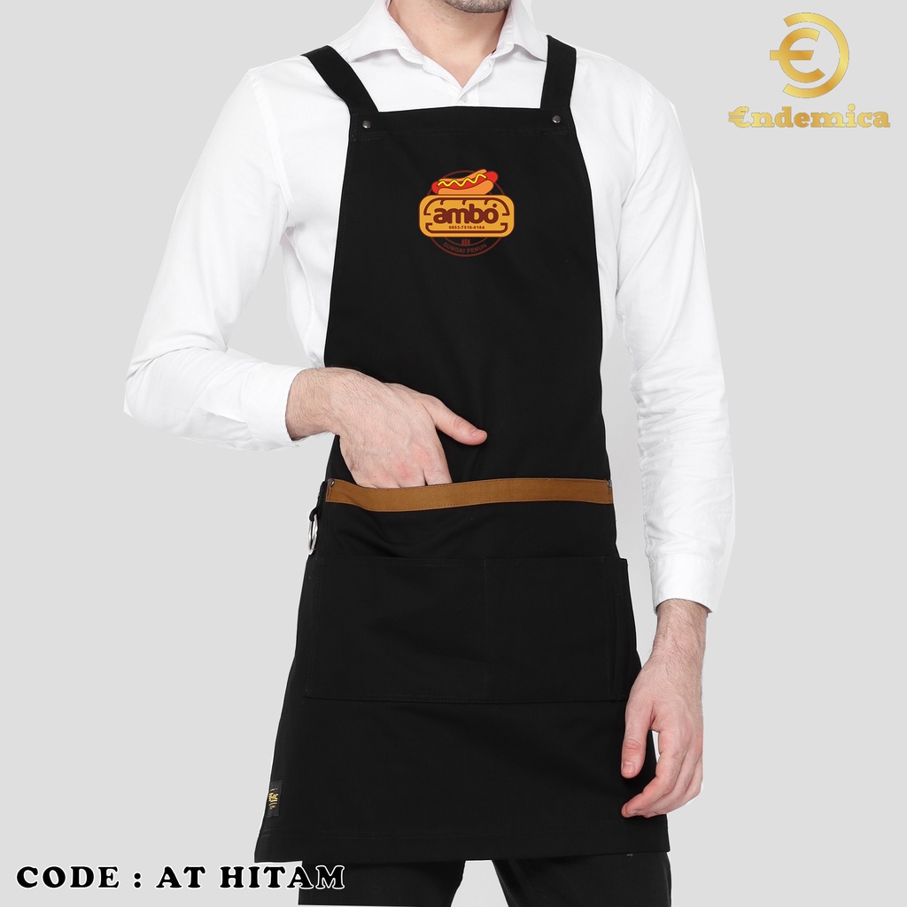 Apron chef celemek Koki full cotton tali silang plus bordir logo