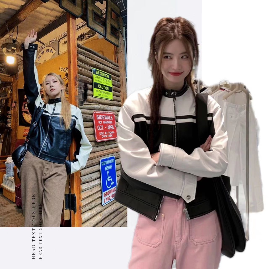 COD##Jaket Casual Wanita Leather Jacket/Jaket Kulit Wanita/Jaket Warna Kontras Vintage/jaket leather