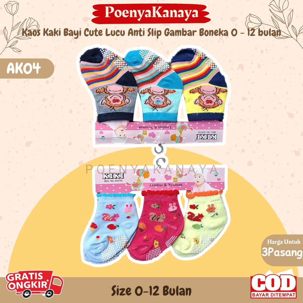 3Set Kaos Kaki Bayi Cute Lucu Anti Slip Gambar Boneka 0 - 12 bulan AK04