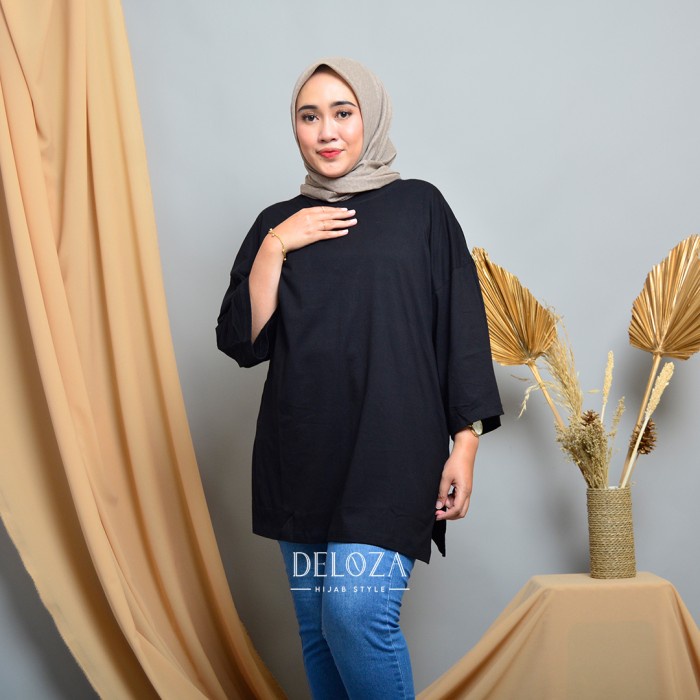 Gamis Set Deloza Tunik Kaos Polos Oversize Midi Dress Slit JUMBO - OVERSIZED HITAM S4O0