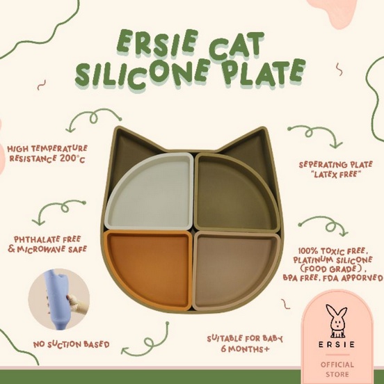 Ersie Cat Silicone Plate - Piring Silicone Bayi Mpasi 6m+ Cat Series Earth Tone Silicone Plate Piring Makan Bayi