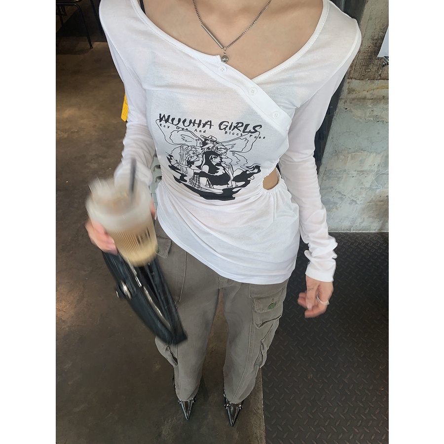 Red Modis Manis Keren Gadis Panas Slim Hem Irregular V-Leher Tabir Surya Hollow T-shirt Wanita 2022 Musim Panas Lengan Panjang Tipis Top