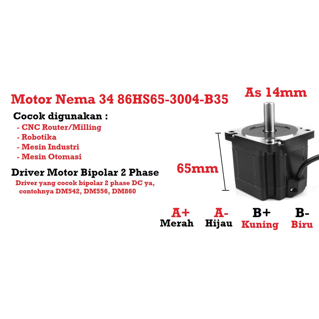 [HAEBOT] Motor Stepper Nema 34 86HS65 2.8Nm 65mm 3A Shaft 14mm CNC Laser Router Plasma Milling High Torque Mesin Robot Induksi Slider Mekanik Bipolar 2 Phase Fasa Coil Dinamo Penggerak