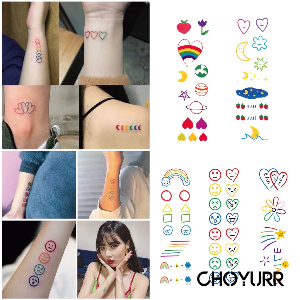 【COD】Sticker Tattoo Temporarry Emoticon Cute Stiker Tato Segar Kecil Stiker Tato Tahan Air Wajah Tersenyum Lucu Garis Pelangi Stiker Tato Tahan Air-CH