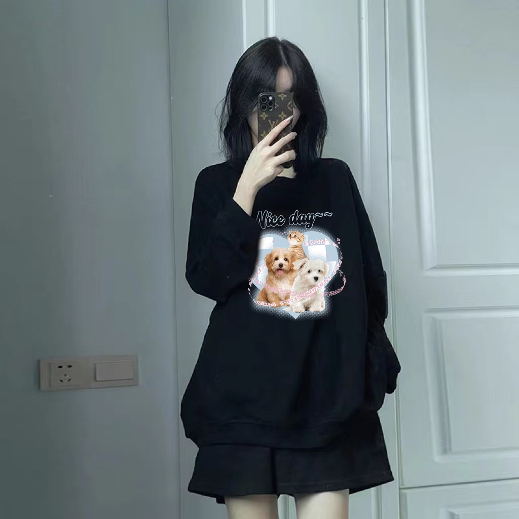 Kaos Stasan Wanita Oversize Couple Sweater American Vintage Cute Cat Cartoon Graphic Priting Top Kekinian Casual Sweater