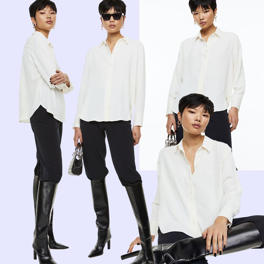 LOVEMECORNER H&M POINTED COLLARED SHIRT KEMEJA WANITA POLOS KEMEJA HITAM KEMEJA PUTIH WANITA POLOS L