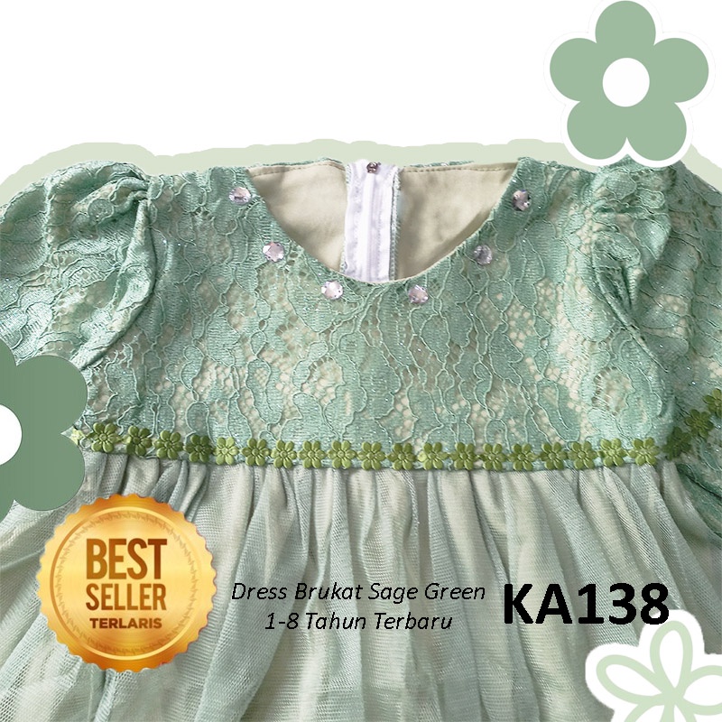Baju Muslim Sage Green Terbaru 2023 Dress Brukat Anak 4 5 Tahun Import Gaun Kondangan Gamis Tangan Panjang Bahan Tile Tulle Import Sage Green KA136