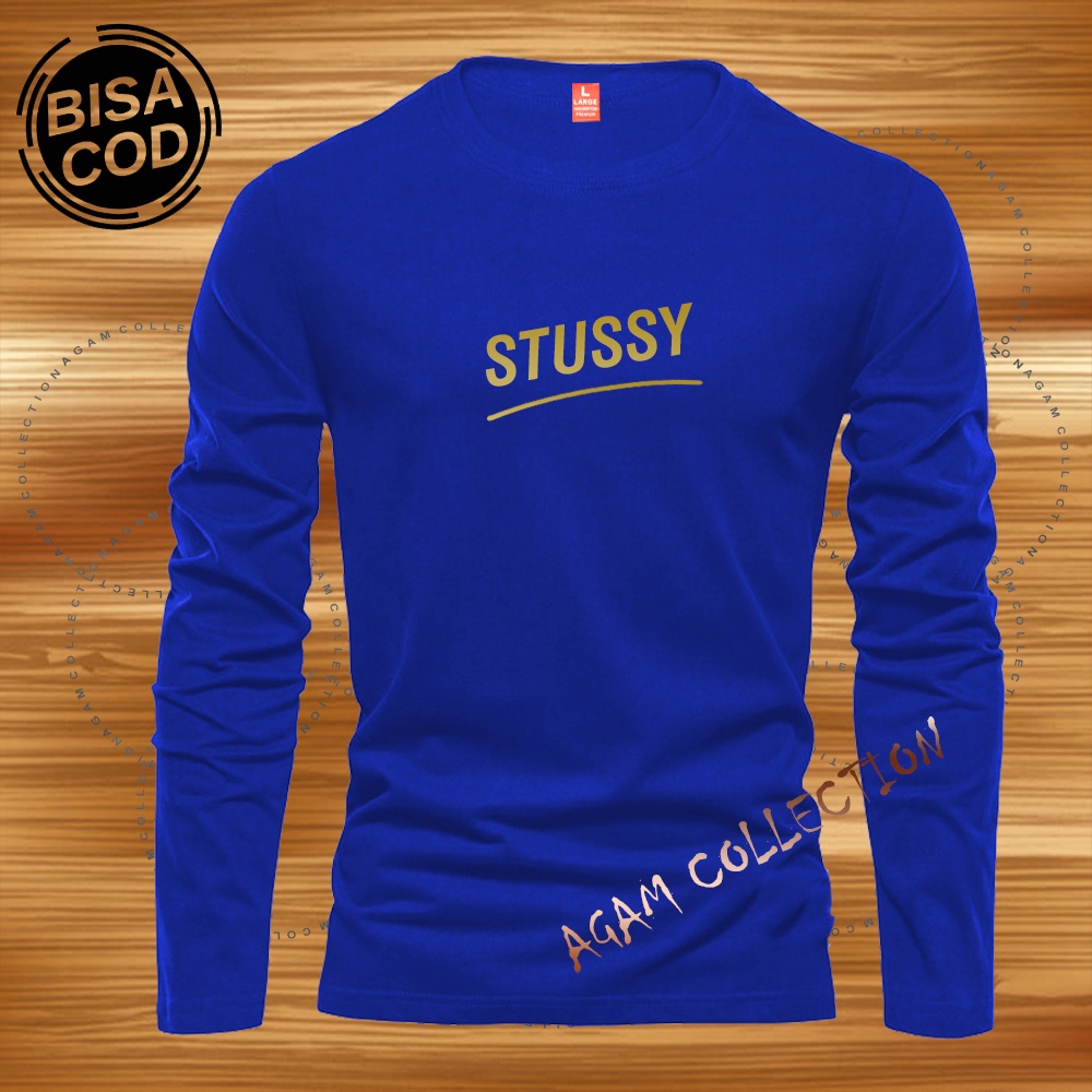 Agam Collection Baju Kaos Distro Stussy Line Text Gold Lengan Panjang Premium Quality Kaos Pria Keren Kaos Cewek/Cowok