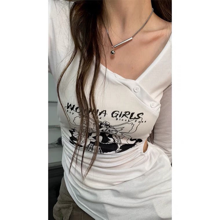 Red Modis Manis Keren Gadis Panas Slim Hem Irregular V-Leher Tabir Surya Hollow T-shirt Wanita 2022 Musim Panas Lengan Panjang Tipis Top