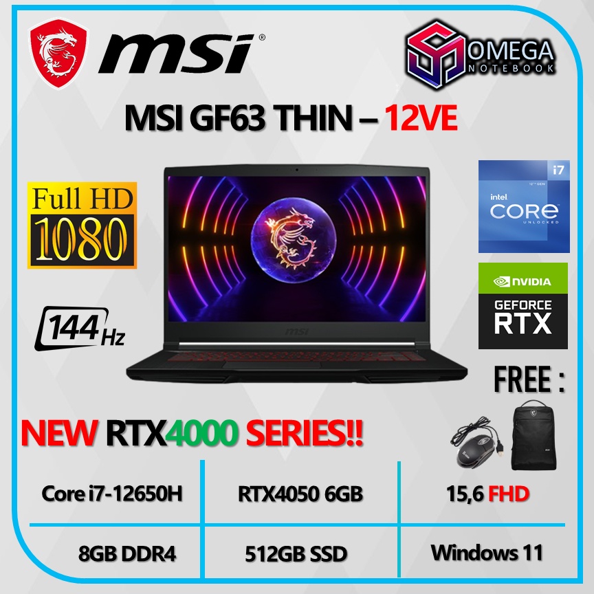 Laptop MSI GF63 Thin 12VE i7 12650H 8GB 512GB RTX4050 6GB 15,6 FHD Windows 11