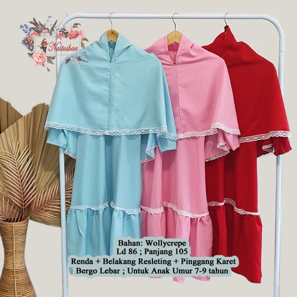 Setelan gamis syari anak perempuan Polos / Baju muslim Anak Perempuan 7 tahun sampai 9 tahun Bahan Wollycrepe Variasi Renda Include Bergo