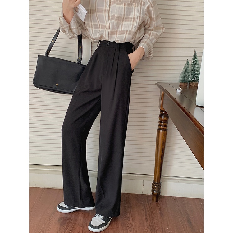 Celana Kulot Kasual Loose Celana Panjang High Waist Wanita Korea Style Hitam Straight Pants Celana Wanita