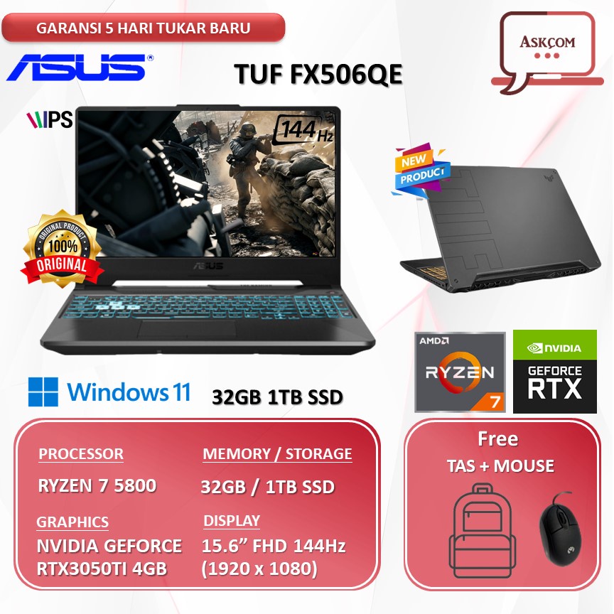 Laptop Gaming Asus Tuf A15 FX506QE RTX3050TI 4GB/  RYZEN 7 5800 32GB 1TB SSD W11 15.6FHD 144Hz