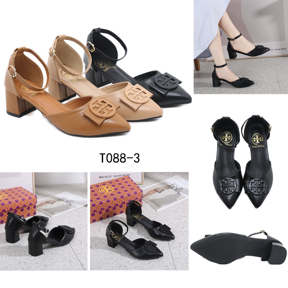 TB Logo Bow Ankle Strap Pump Block Heel T088-3