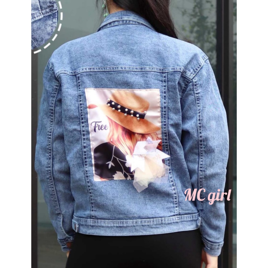 ( Bisa COD ) MC girl - Jaket Jeans Snow Gambar Pita Goyang Belakang / Jaket Lepis Gambar Pita Belakang Wanita / Jacket Denim Gambar Pita 3D