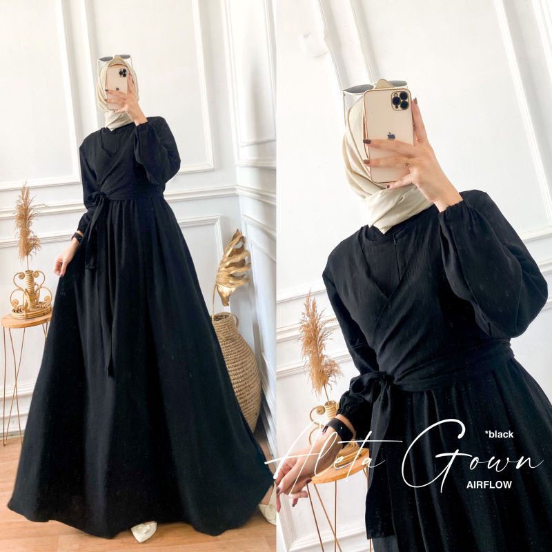 Gamis Aleta Airflow Crinkle drees murah buat kondangan motif kekinian Q8P7 tanggung hamil hitam jumb