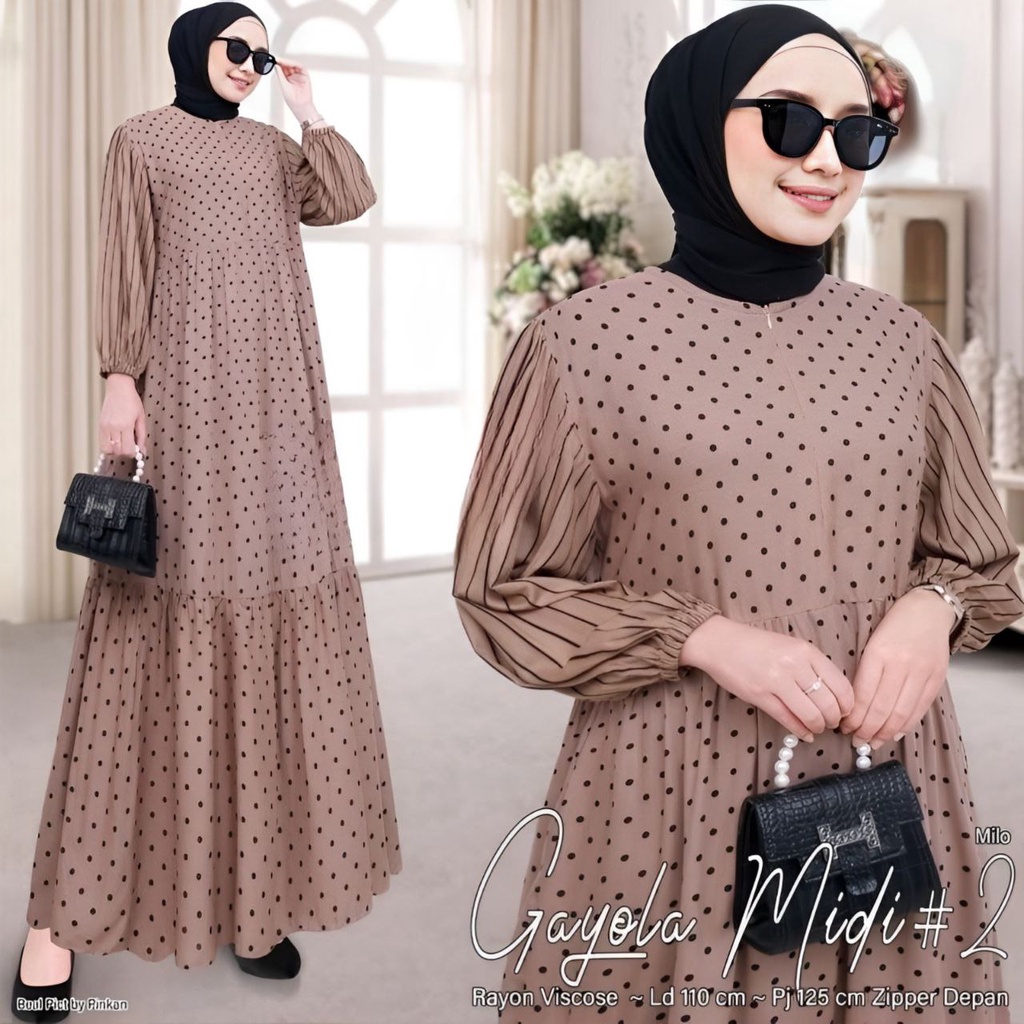 Gayola Midi Dress Wanita Busui Resleting depan Rayon premium