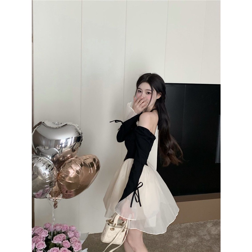 Rok A-line pelangsing pinggang tinggi baru wanita gaun lengan panjang jala