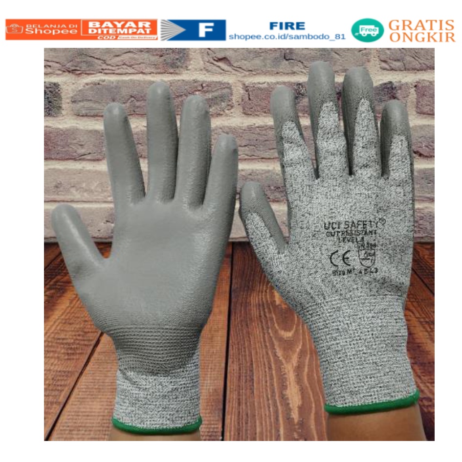 Warna Abu Abu Hand Gloves Coating Karet Warna Abu Abu Sarung Tangan Safety Kerja Kawat Besi Baja Kaca Pabrik industri Ukuran M &amp; L Uci Safety Mekanik, Motor, Berkebun, Bengkel, Tukang Karet Polyurethane