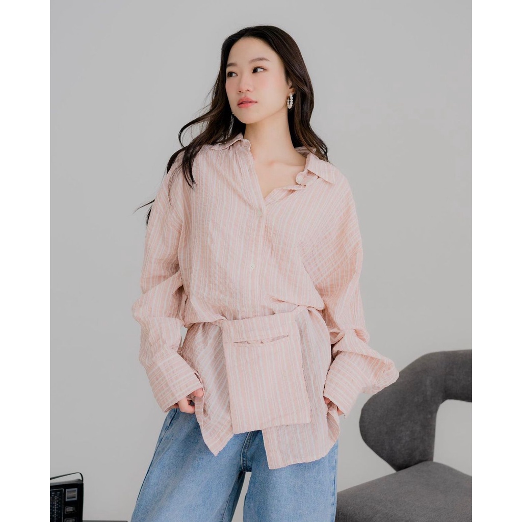 Kemeja Oversize Lengan Panjang Wanita dengan Tali Pinggang Tas - Bridget Belt Shirt