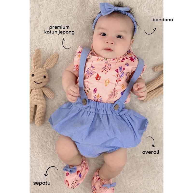 Setelan baju bayi perempuan lucu rok overall baju jumper bandana sepatu bunga / set baby girl cutie overall bloomer