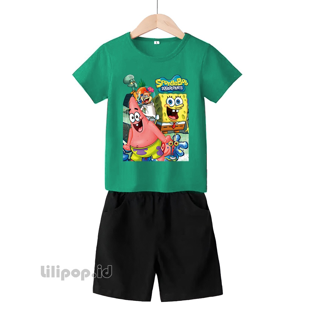 Baju Anak Stelan Kaos 3/4 Spongebob patrik Cowok Cewek  Usia 2 - 7 Tahun Celana Pendek Harian