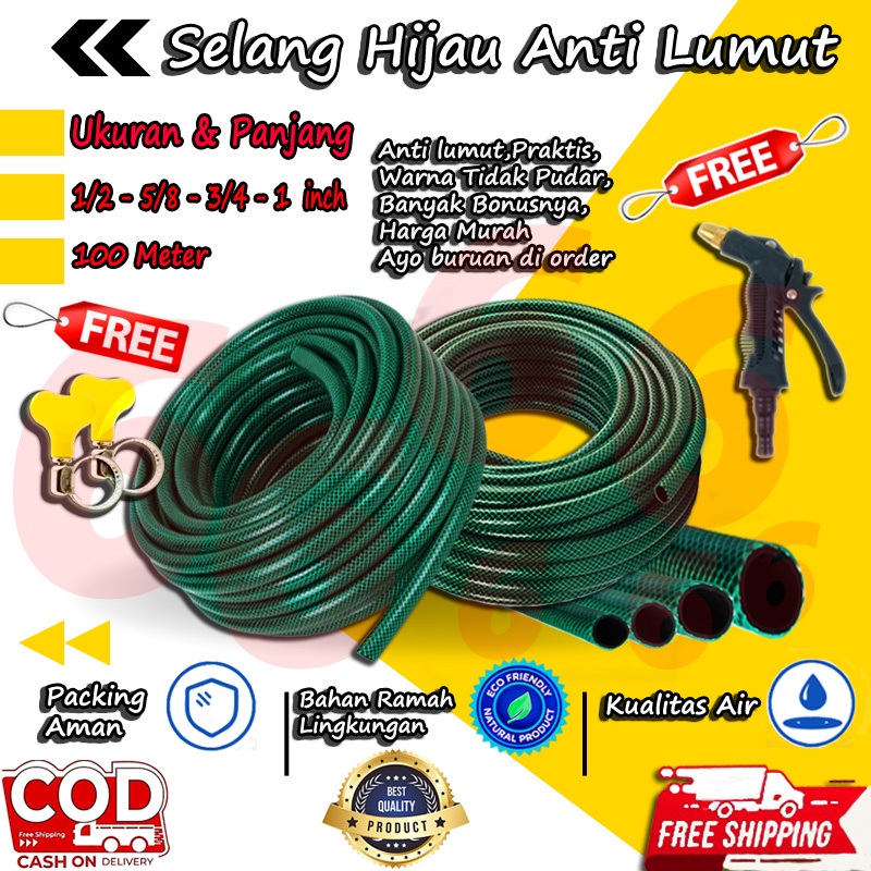 SELANG AIR 1 ROL 100 METER 1/2 5/8 3/4 INCH BENANG HIJAU ANTI LUMUT SELANG TAMAN PERKEBUNAN ALAT CUCI MOTOR MOBIL MURAH COD