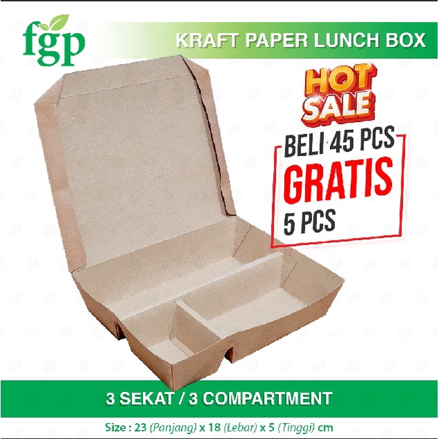 Paper Lunch Box Kraft Sekat 3 Food Grade Pack