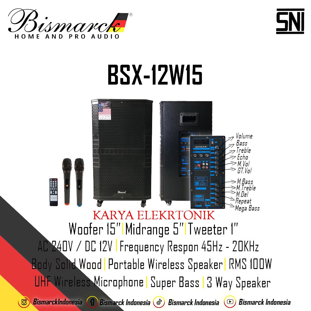 SPEAKER PORTABLE+STAND 15 INCH BISMARCK BSX12-W15 USB BLUETOOTH BSX12W15