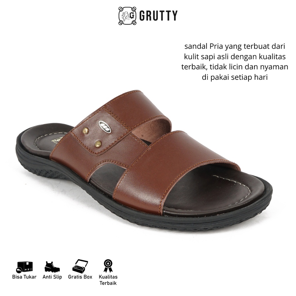 GRUTTY Sandal Pria Sendal Slide Kulit Asli Coklat 232